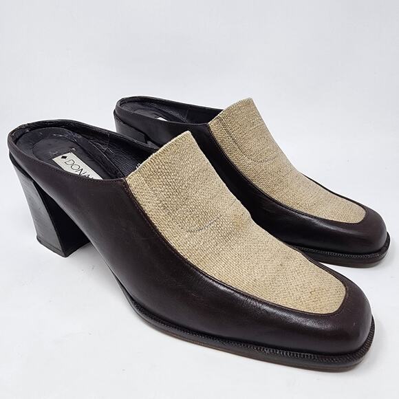 Donald J. Pliner Mules Women 7.5M ISA Brown Leather and Tan Fabric Block Heel - Picture 1 of 10